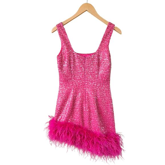 NADINE MERABI Hot Pink Evie Sequin Feather Trim Mini Dress Sz 6 Small Prom - Picture 15 of 16